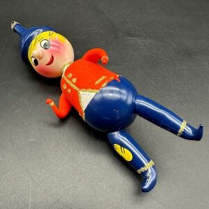 VINTAGE DE CARLINI BLOWN GLASS BOY ORNAMENT 6" ORANGE SHIRT BLUE PANTS BLONDE